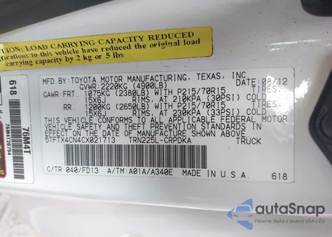 2012 Toyota Tacoma z USA, uszkodzony, nr VIN 5TFTX4CN4CX021713